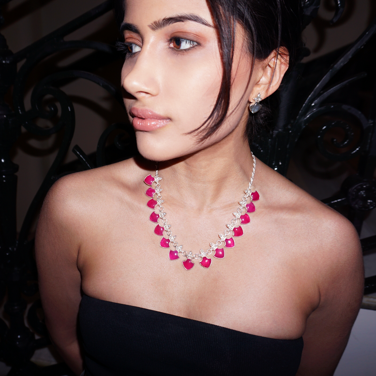 Rani Necklace Dark Pink Quartz And Pearl